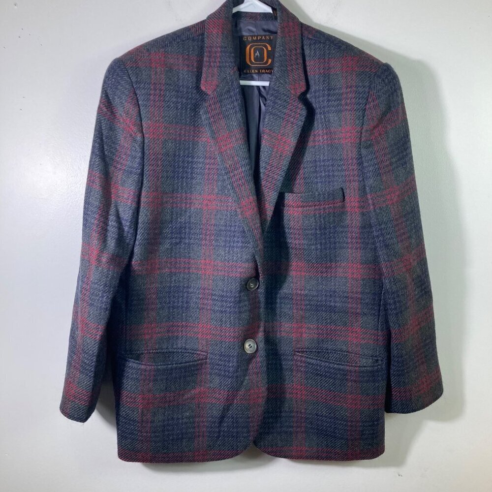 Womens Vintage Ellen Tracy‎ Plaid Wool Blazer Gray Red 10